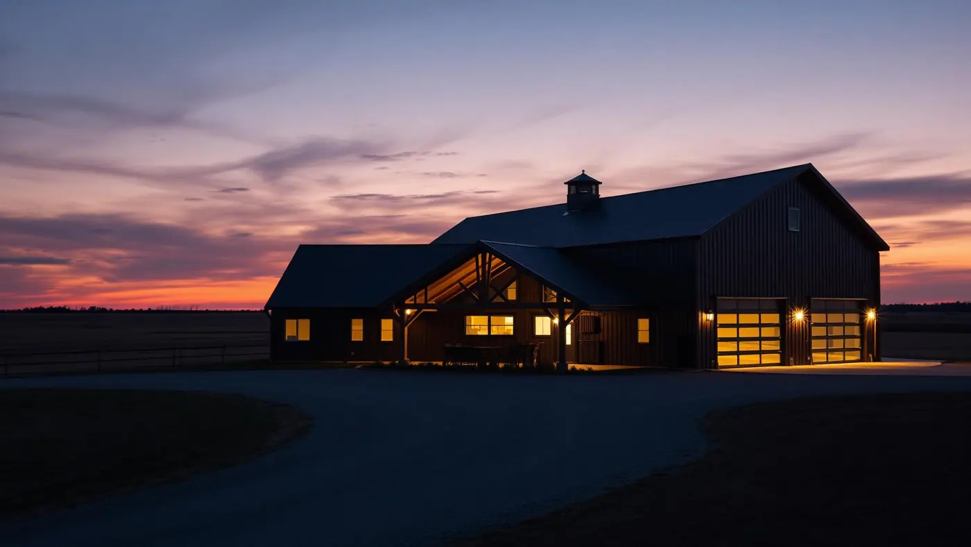 Completed Summit barndominium at dusk on Oklahoma land