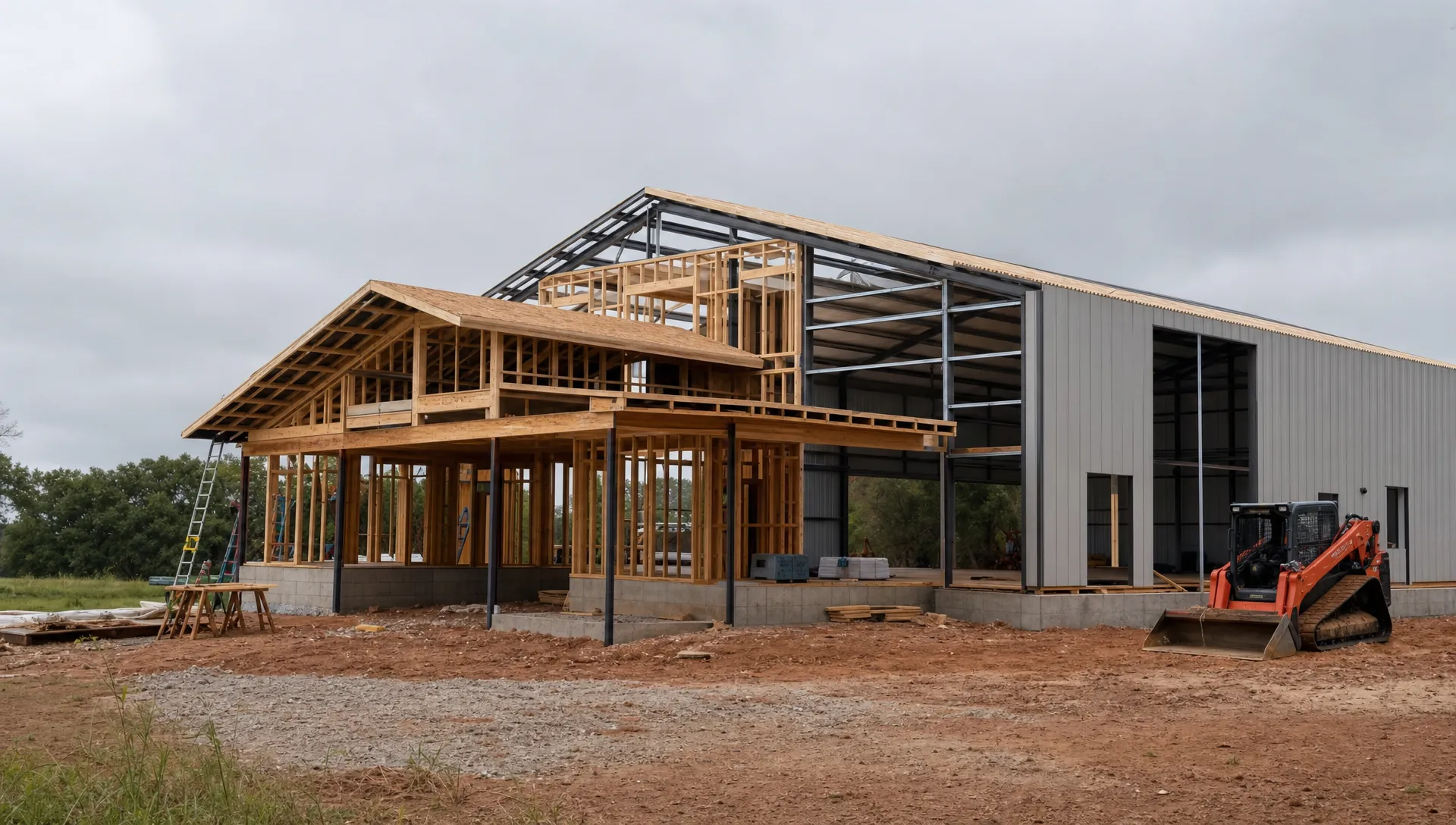 A custom barndominium and metal building project on Oklahoma acreage, shown from a medium eye-level view with the framed structure, exposed foundation, open land, and construction equipment visible at an active jobsite.
