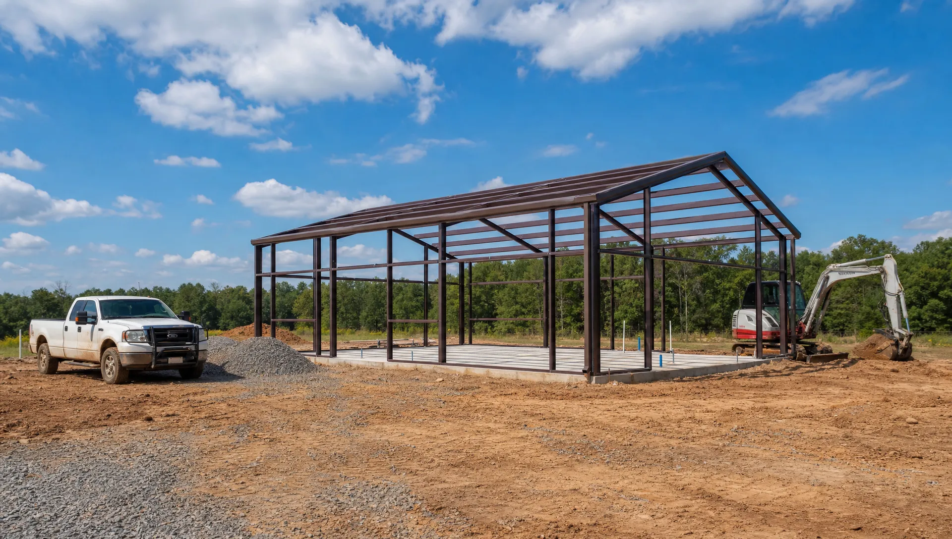 A custom barndominium construction site on Oklahoma acreage with a metal building frame, prepared foundation, a pickup truck and excavator nearby, and open sky over the build area.