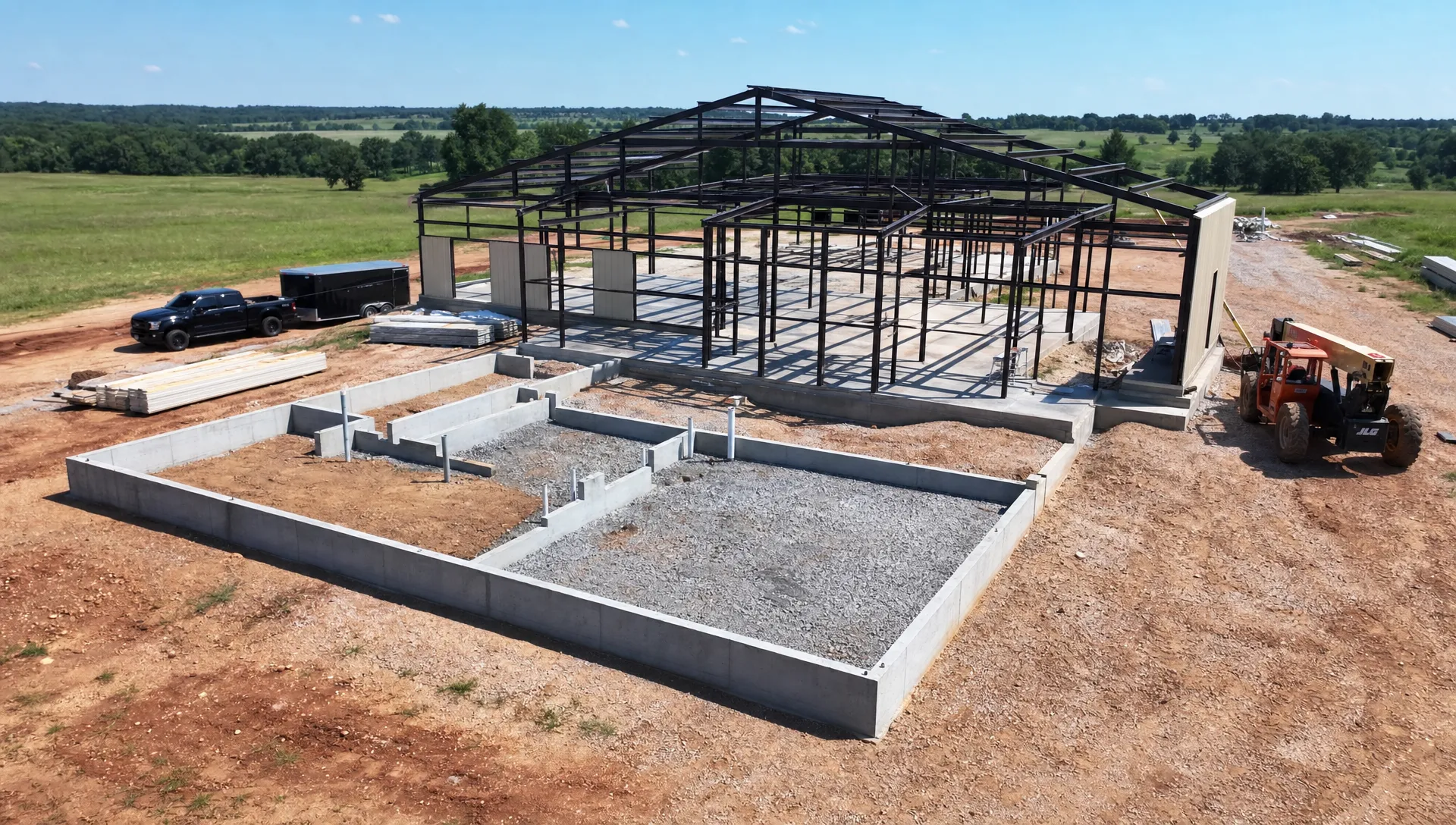 A custom barndominium construction site on rural Oklahoma land, showing an engineered concrete foundation, steel framing, and open acreage with construction equipment nearby, viewed from a slightly elevated angle with the foundation in the foreground and the shell rising behind it.