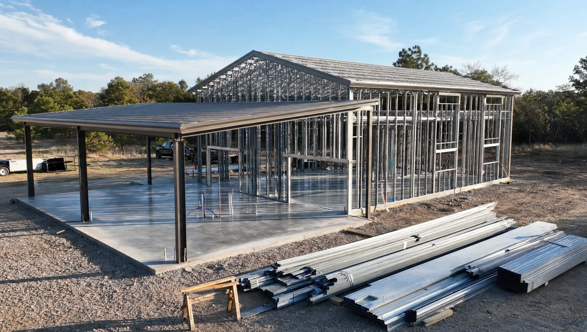 A custom barndominium construction site with a finished concrete slab, metal framing in progress, materials staged nearby, and a covered patio area being integrated into the structure, shown from a slightly elevated angle with the frame and slab filling the foreground.