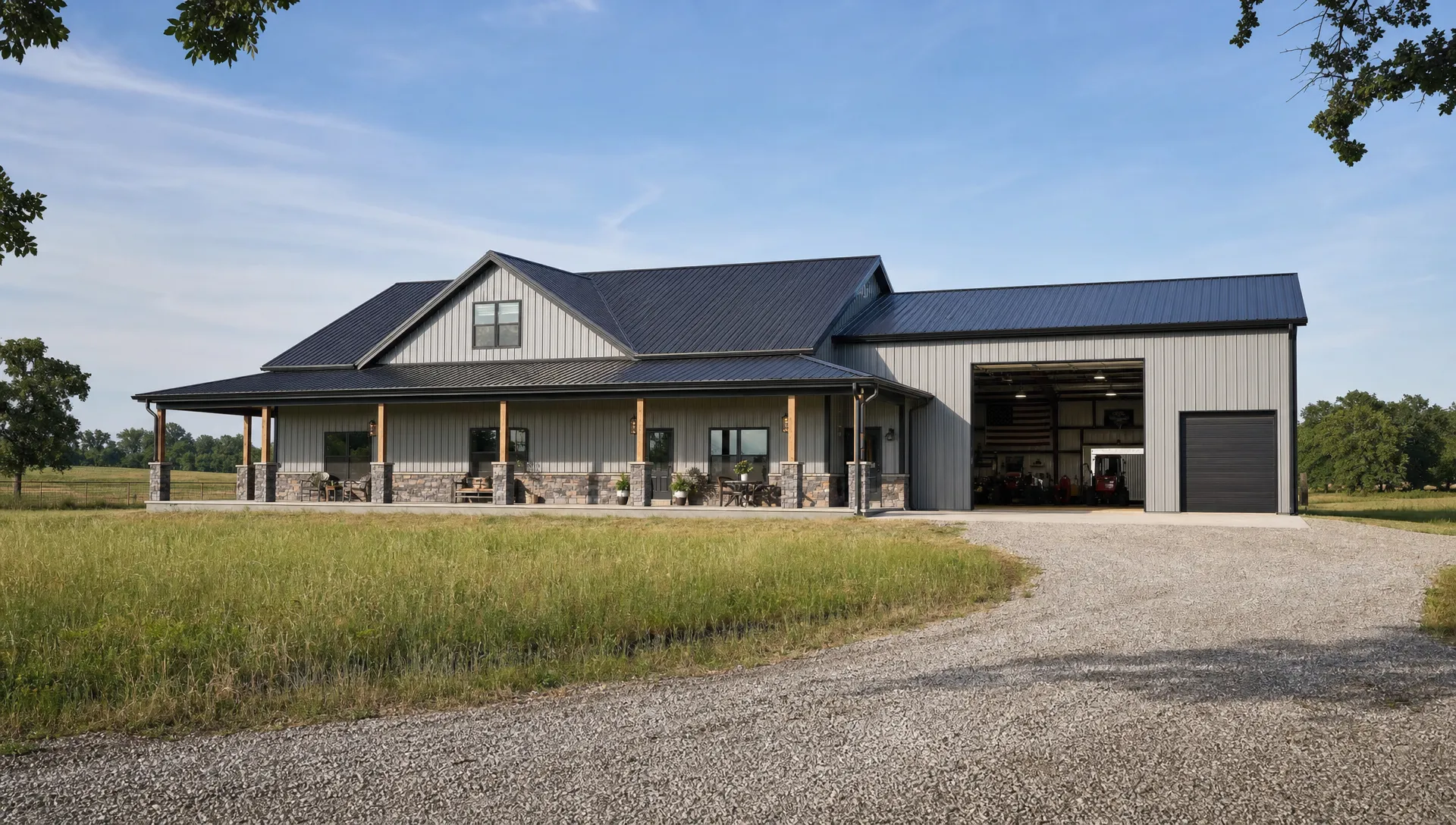 A custom barndominium on Oklahoma acreage with a finished living area, attached shop bay, covered porch, metal siding, and open land around the building showing the relationship between the home, workshop, and surrounding property.