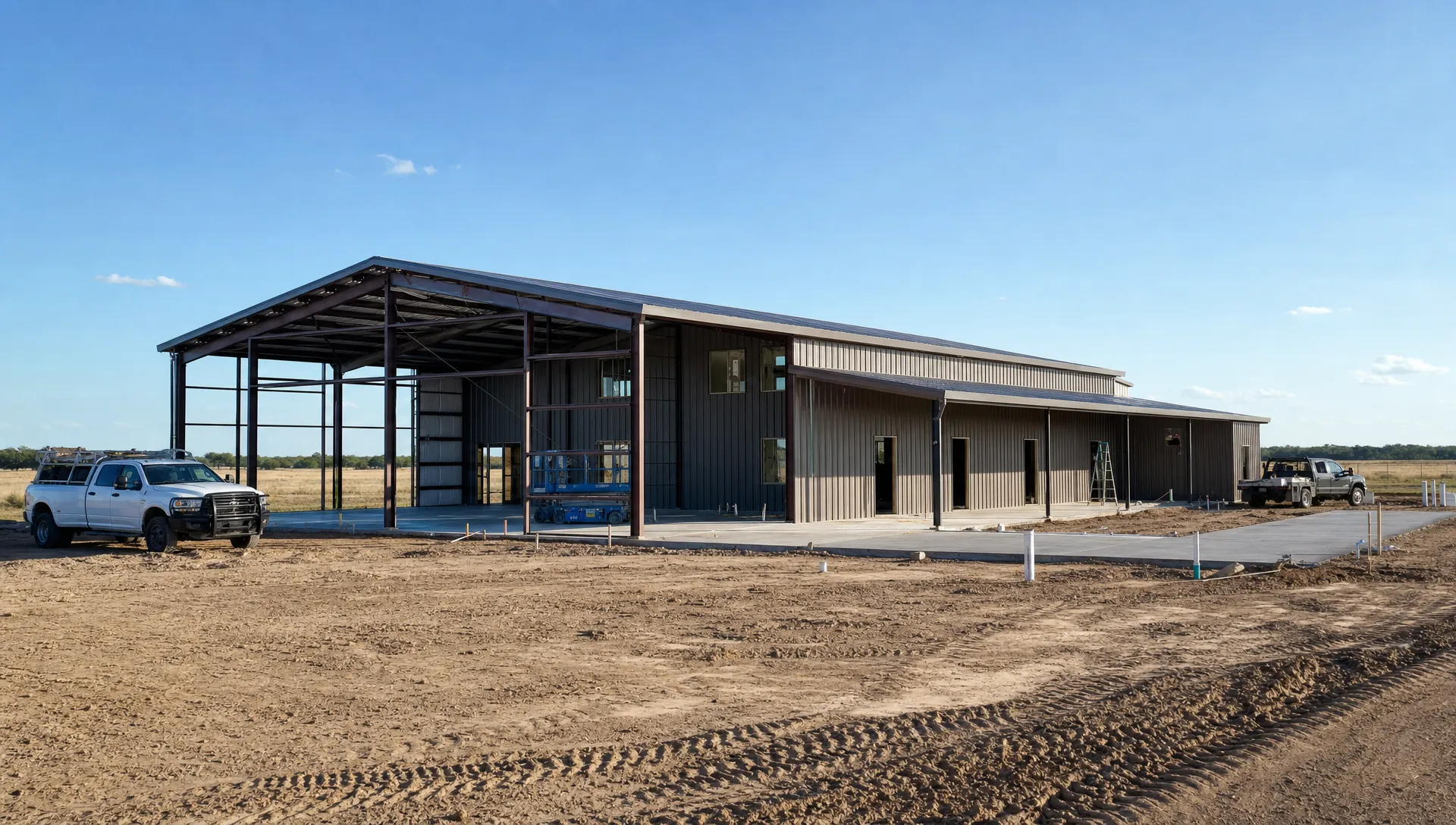 A custom barndominium under construction on open Oklahoma acreage, with an engineered slab foundation, steel framing, wide shop openings, and work trucks staged near the build pad.