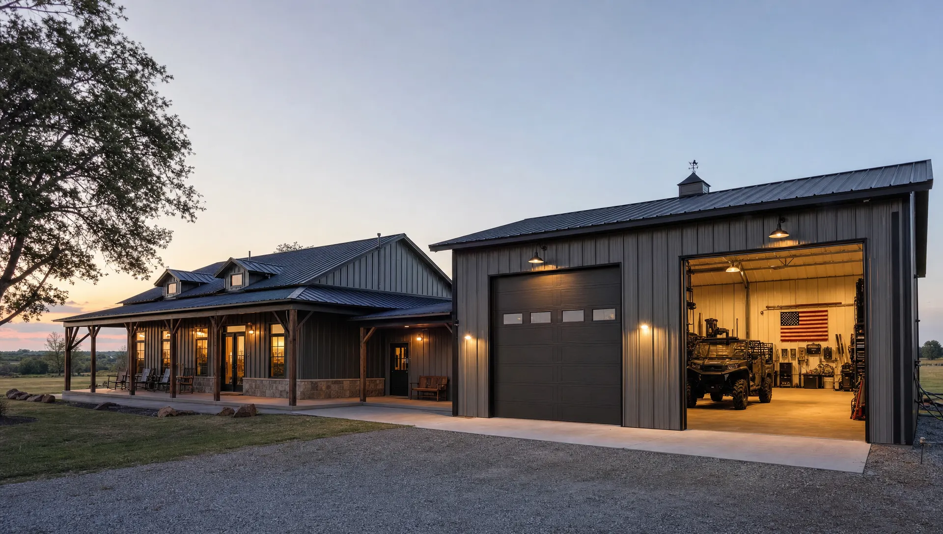 A custom barndominium with an attached shop on rural Oklahoma land, shown from a side angle with large overhead shop doors, a covered porch, and a mudroom-style transition area between the living space and workshop.