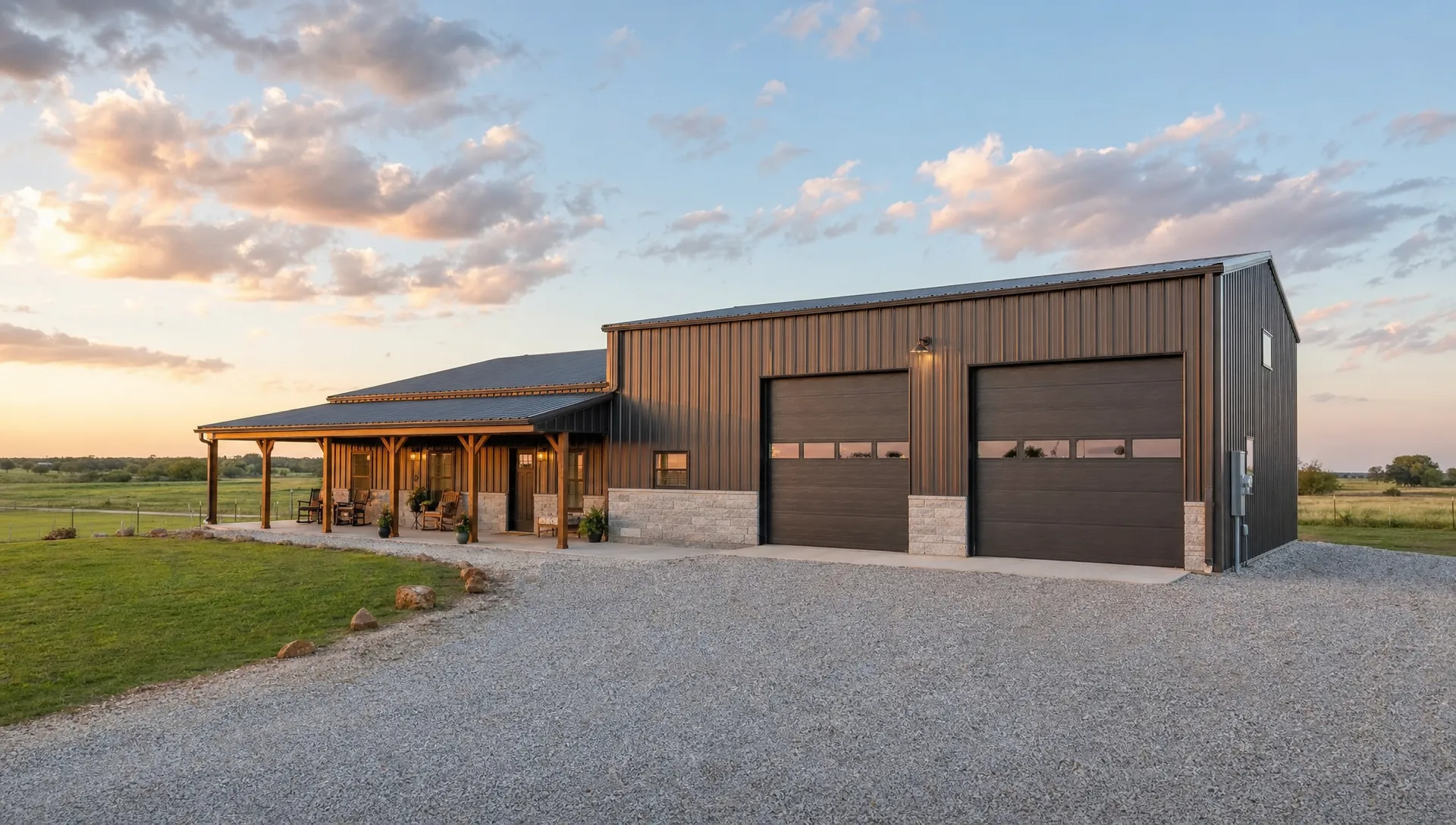 A custom metal barndominium and shop building on open Oklahoma land, with a finished exterior, wide overhead doors, a covered porch, and a prepared gravel drive under a broad sky.