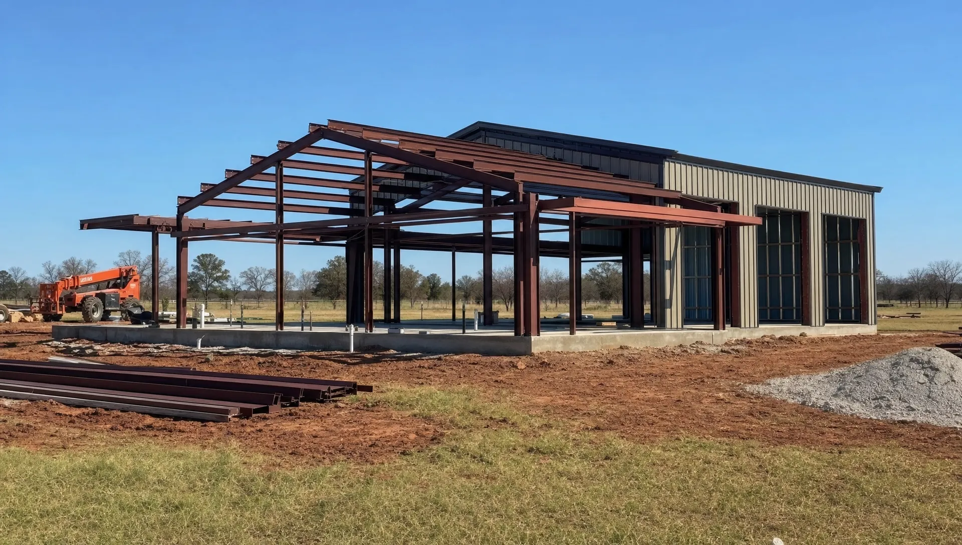 A custom metal barndominium and shop building under construction on rural Oklahoma acreage, with a finished foundation, steel framing, open pasture, and construction equipment nearby.