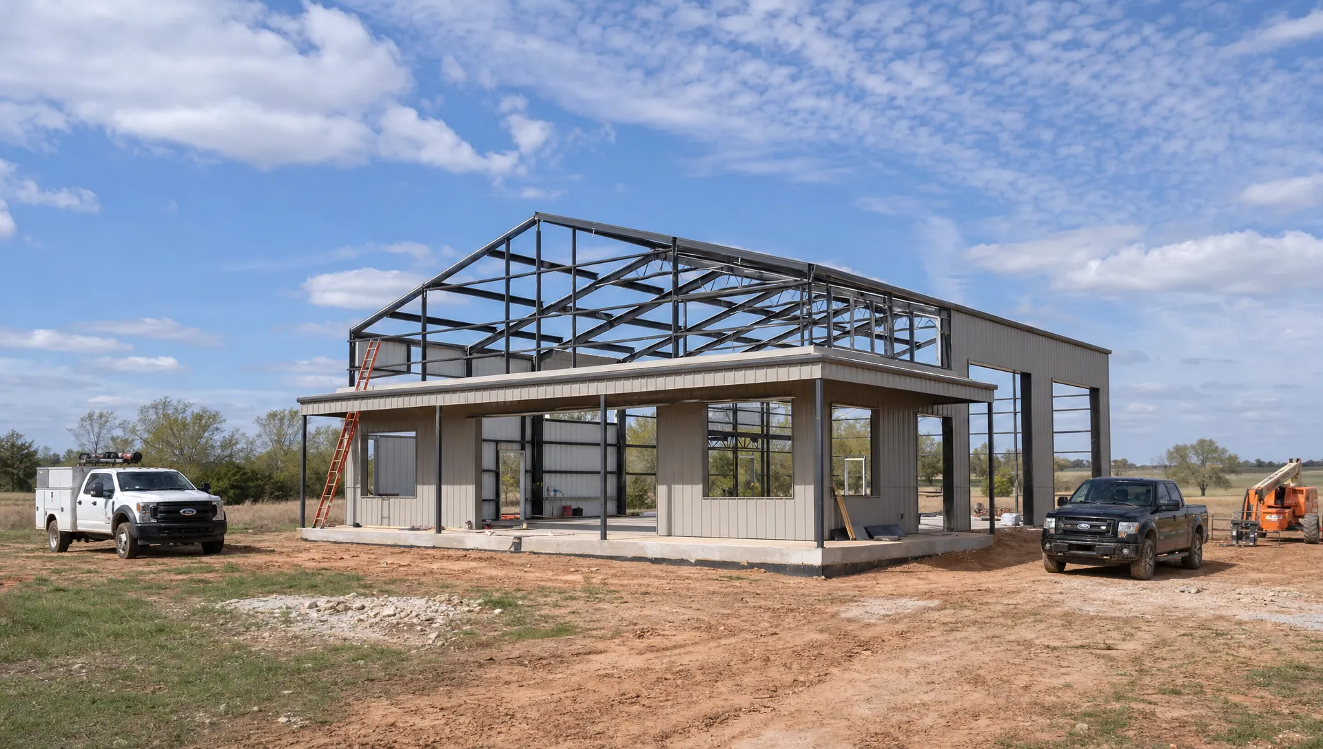A custom metal barndominium under construction on open Oklahoma acreage, with steel framing in place, a prepared engineered foundation, and work vehicles staged near the build site under a wide sky.