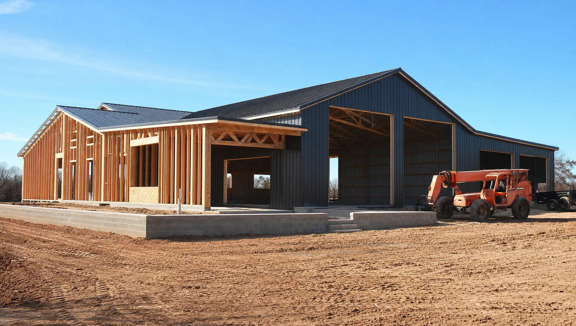 A custom metal barndominium under construction on open Oklahoma acreage, with a reinforced foundation, framed living area, large shop bay openings, and construction equipment staged on a clean building site.