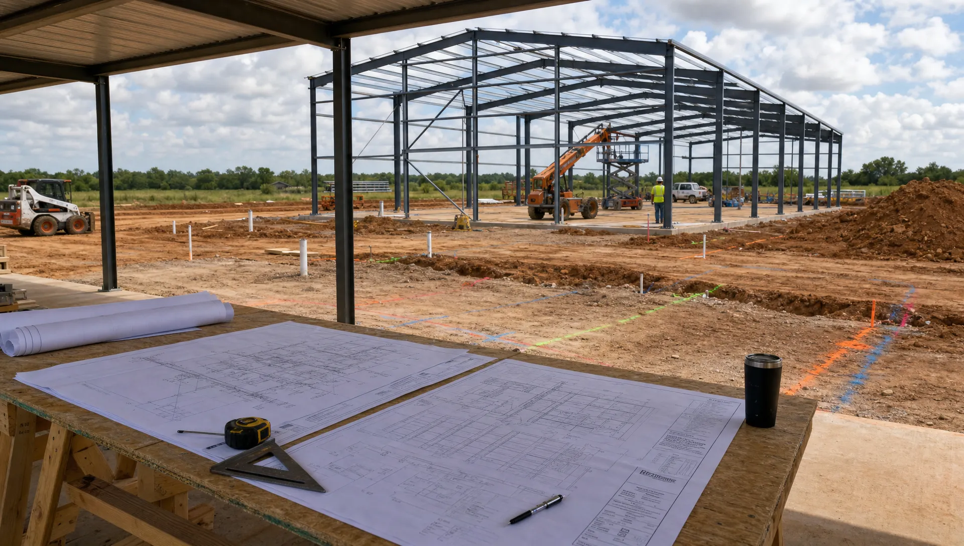 A custom metal building jobsite in Oklahoma with a framed structure, marked utility routes on the ground, and printed building plans spread across a work table under a covered area in the foreground.