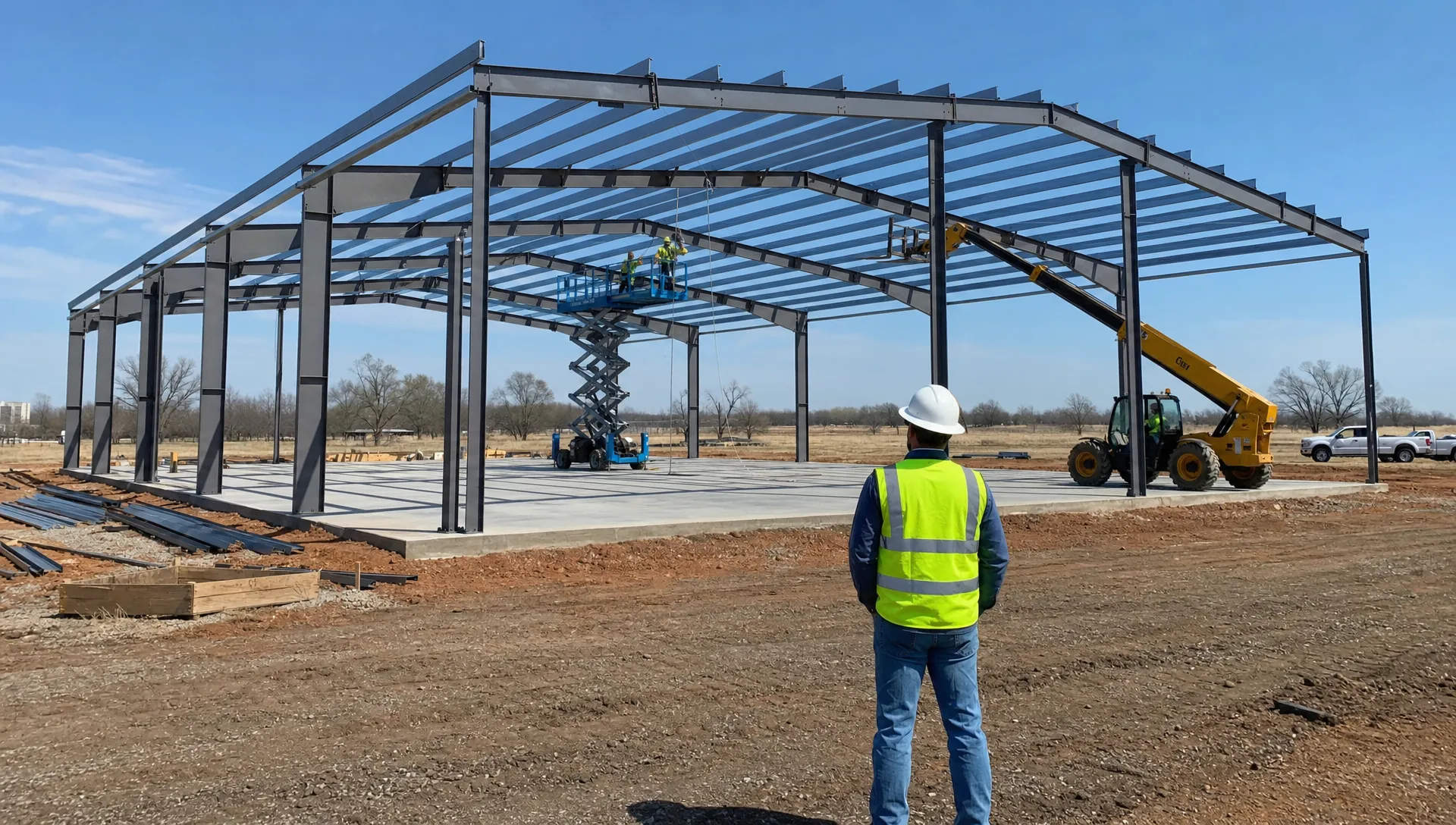 A custom metal building under construction on open Oklahoma land, with a completed foundation, steel framing being installed, construction equipment nearby, and a general contractor coordinating crews on site.