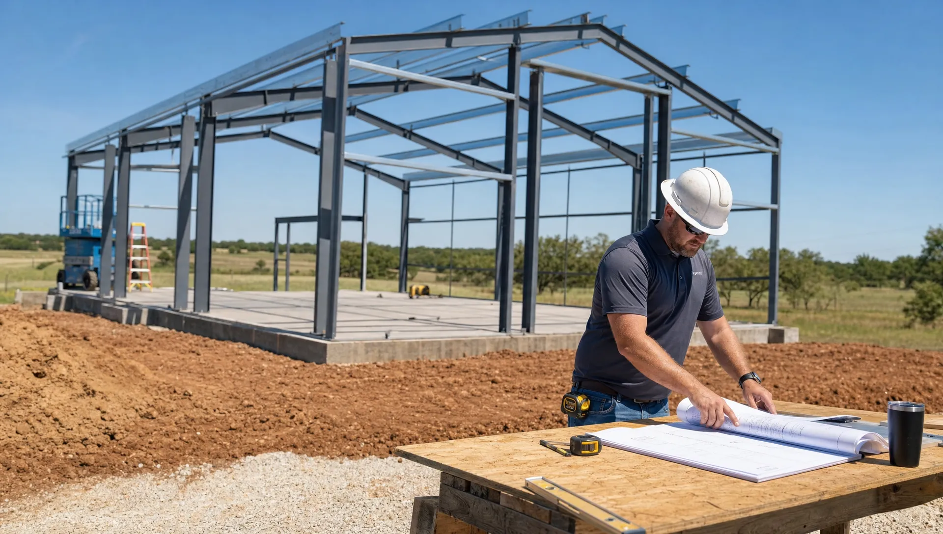 A custom metal building under construction on rural Oklahoma land, with an engineered foundation in place, steel framing rising, and a general contractor reviewing plans beside the jobsite table.