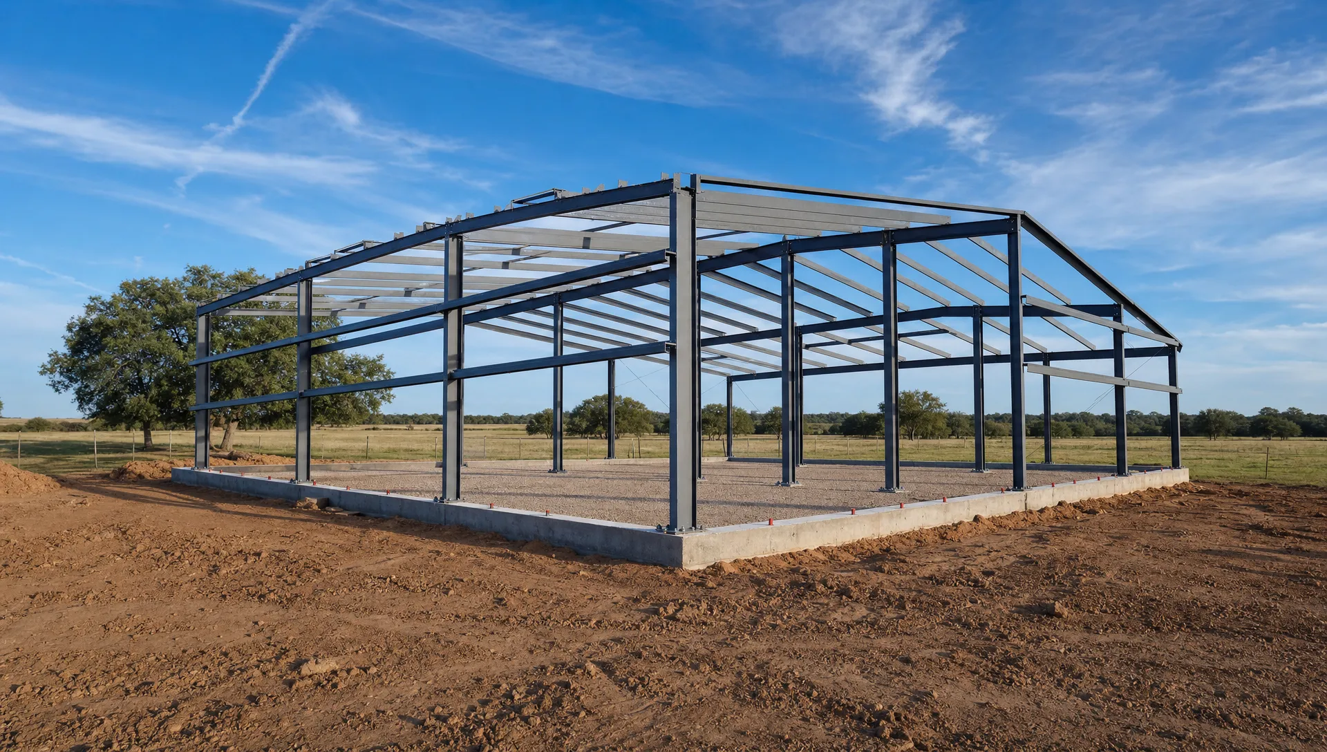 A custom metal building under construction on rural Oklahoma land, shown from an eye-level angle with steel framing anchored to a concrete foundation, compacted building pad, and surrounding pasture beneath a broad open sky, emphasizing wind resistance and soil-aware foundation work.