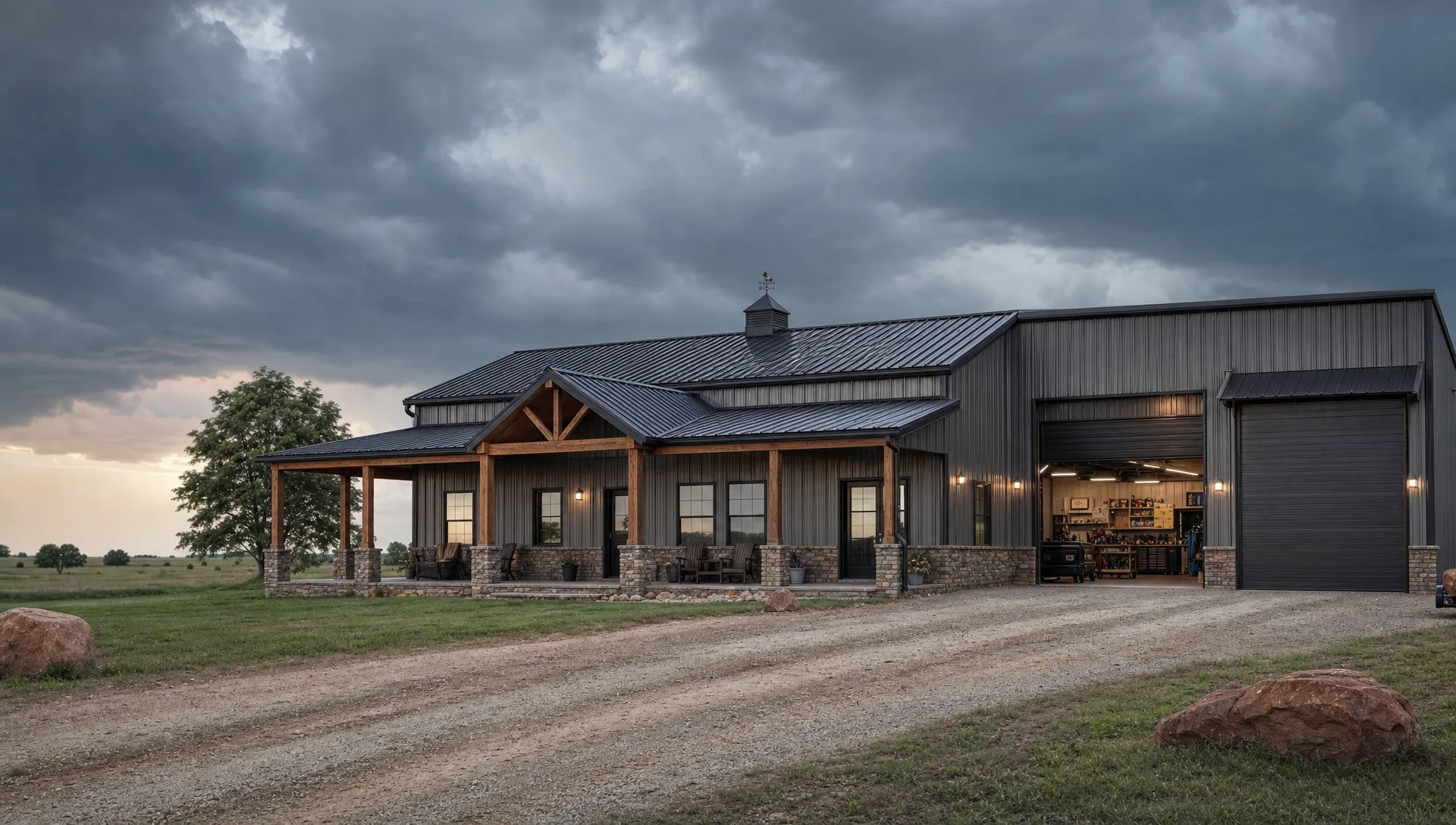 A custom Oklahoma barndominium on rural land with a durable metal roof, metal siding, covered porch, attached shop bay, and stormy sky in the distance.