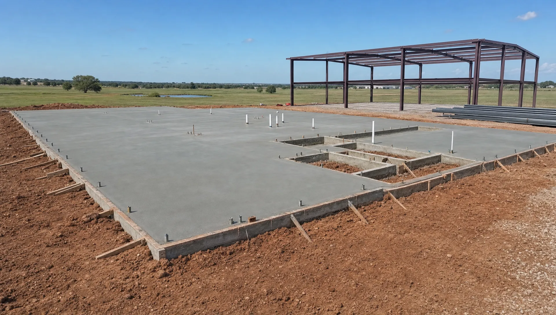 A freshly poured concrete foundation for a barndominium on open Oklahoma acreage, with forms, rebar areas, anchor bolt locations, and a metal building frame staged nearby beside the pad at ground level.