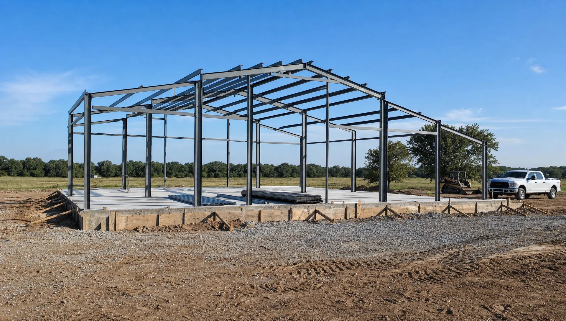 A metal building construction site on rural Oklahoma land with a graded pad, foundation forms, steel framing, and open sky, showing the transition from site preparation to a custom barndominium or workshop shell.