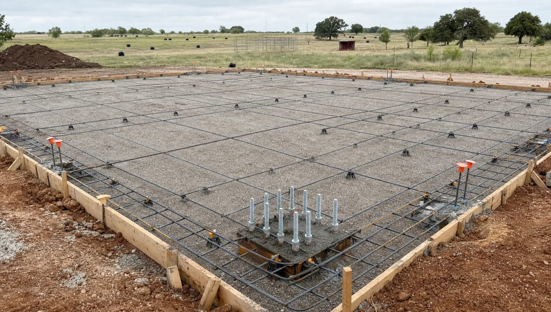 A new metal building foundation under construction on rural Oklahoma land, with forms, rebar, anchor bolt layout, compacted pad preparation, and open acreage in the background.