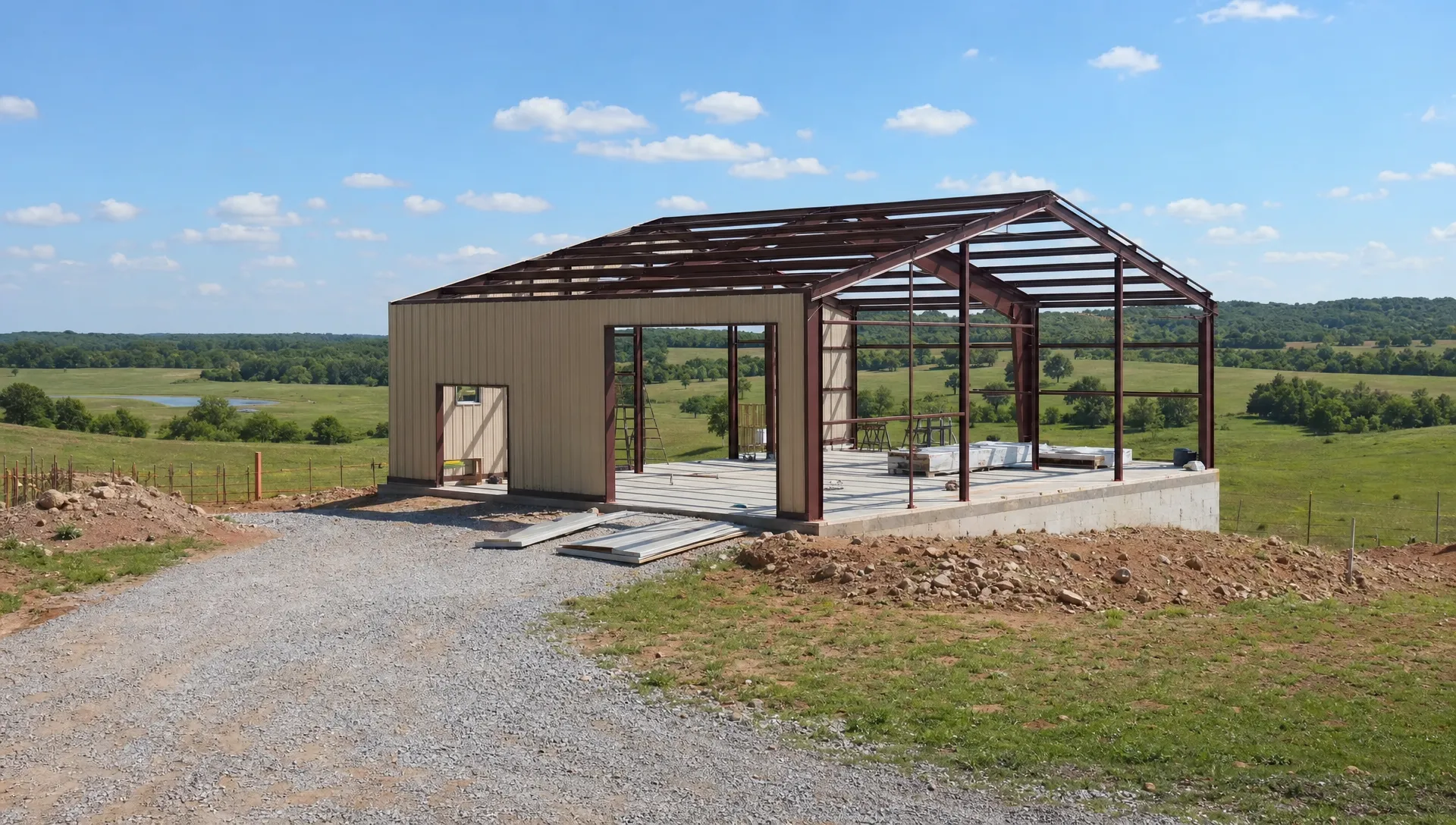 A partially completed metal barndominium on Oklahoma acreage with open framing, a visible foundation stage, rural driveway access, and rolling pasture in the background.