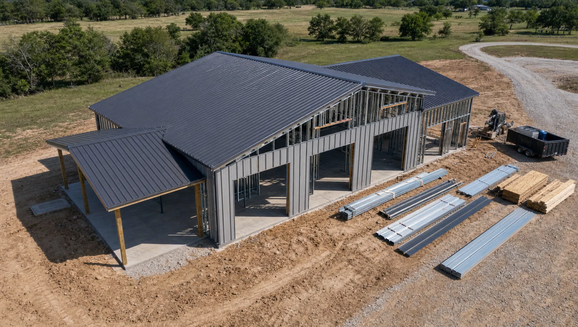A partially completed Oklahoma barndominium on a rural lot, shown from an overhead view, with a finished concrete slab, metal framing, roof panels, and open wall sections ready for exterior metal panels and windows. Construction materials are staged neatly nearby, with open land and a gravel driveway in the background.