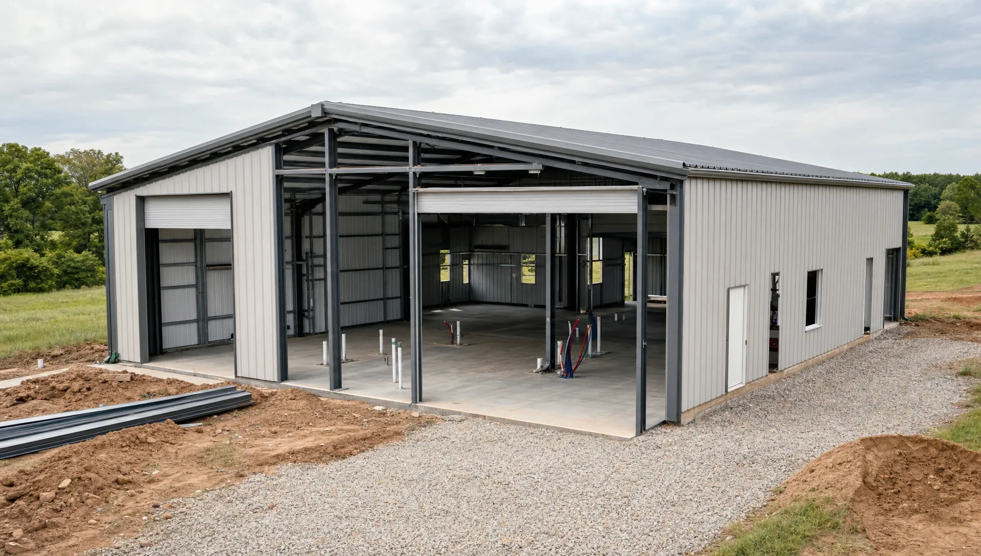 A partially finished custom metal building on rural Oklahoma land, shown from a slightly elevated angle with steel framing, roof panels, wide overhead door openings, and utility rough-ins visible inside the structure.