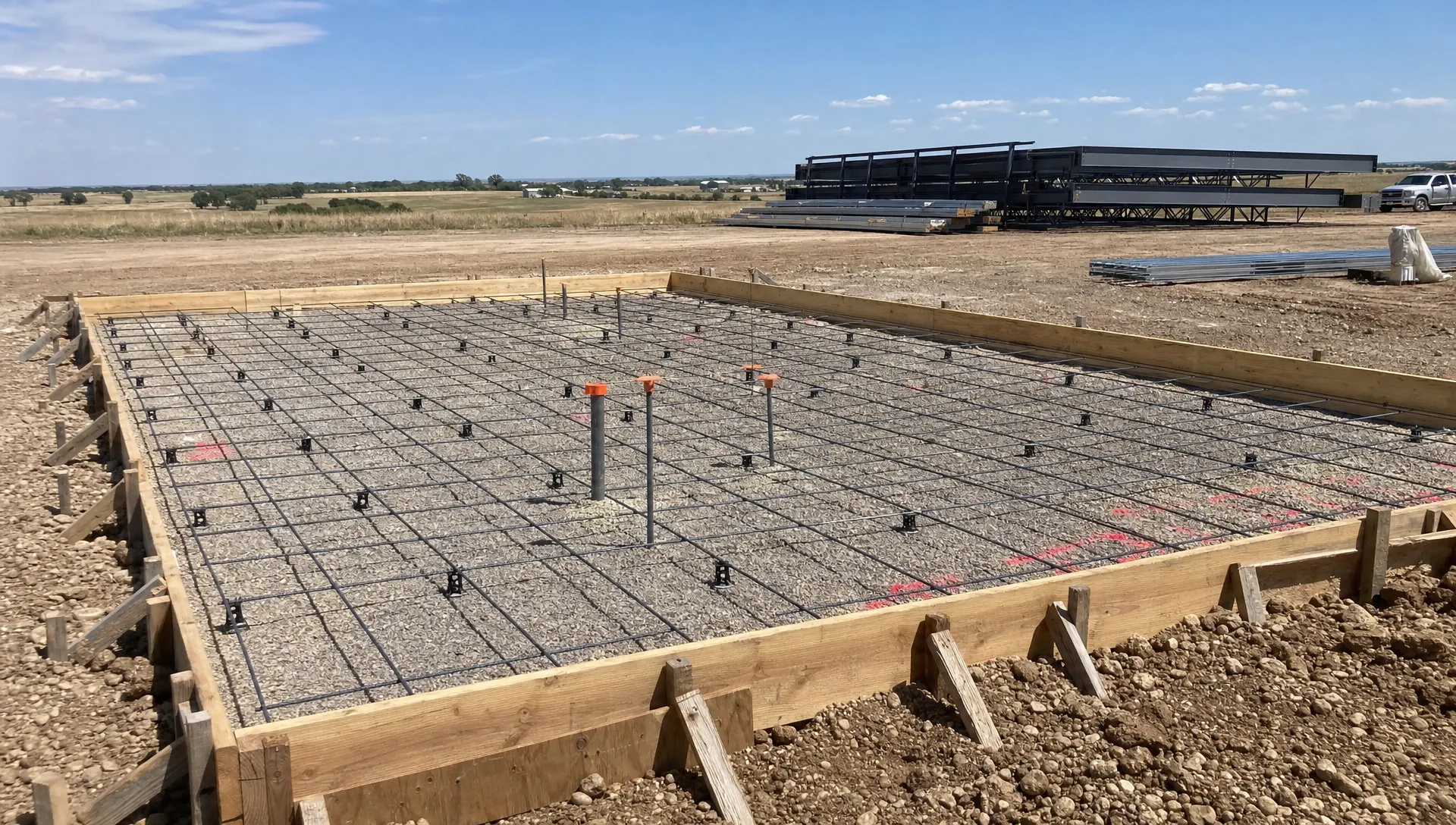 A prepared building site in Oklahoma with foundation forms, rebar set on chairs, anchor locations marked, and a metal building frame staged nearby on open rural land.