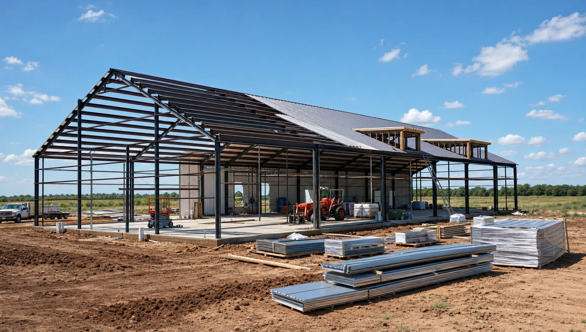 A rural Oklahoma barndominium build in progress, with a concrete slab, exposed metal frame, open wall bays, roof panels partially installed and neatly staged materials around the structure.
