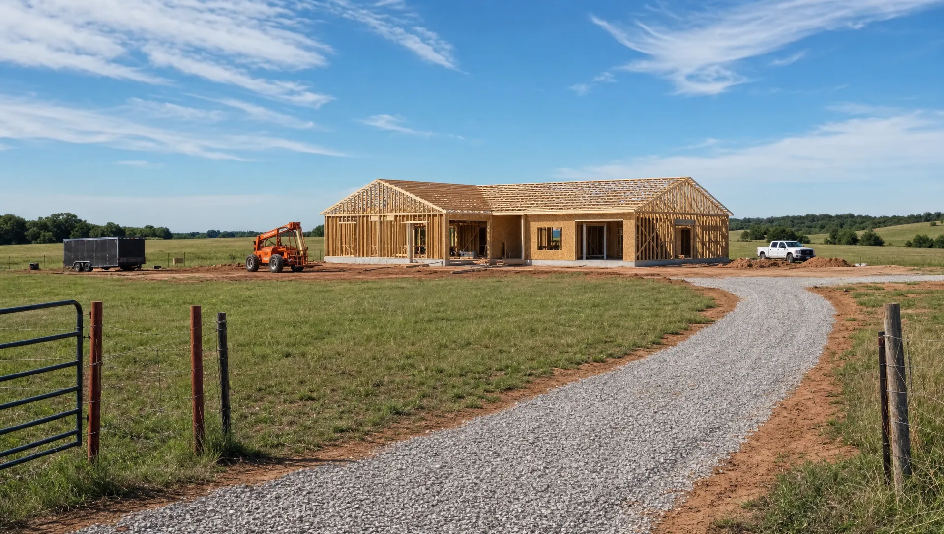 A rural Oklahoma homesite with a partially framed barndominium, construction equipment, open pasture, and a gravel access drive leading to the building area.