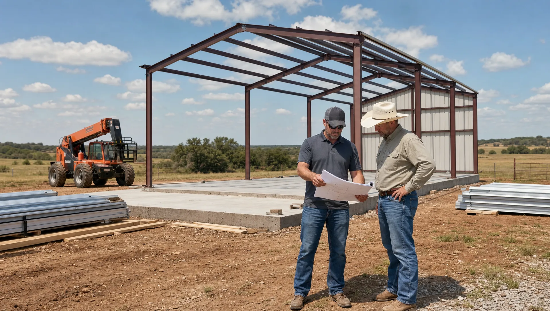 A rural Oklahoma jobsite with a partially framed metal building, a prepared foundation, open land, and a builder reviewing plans with a property owner near construction materials.