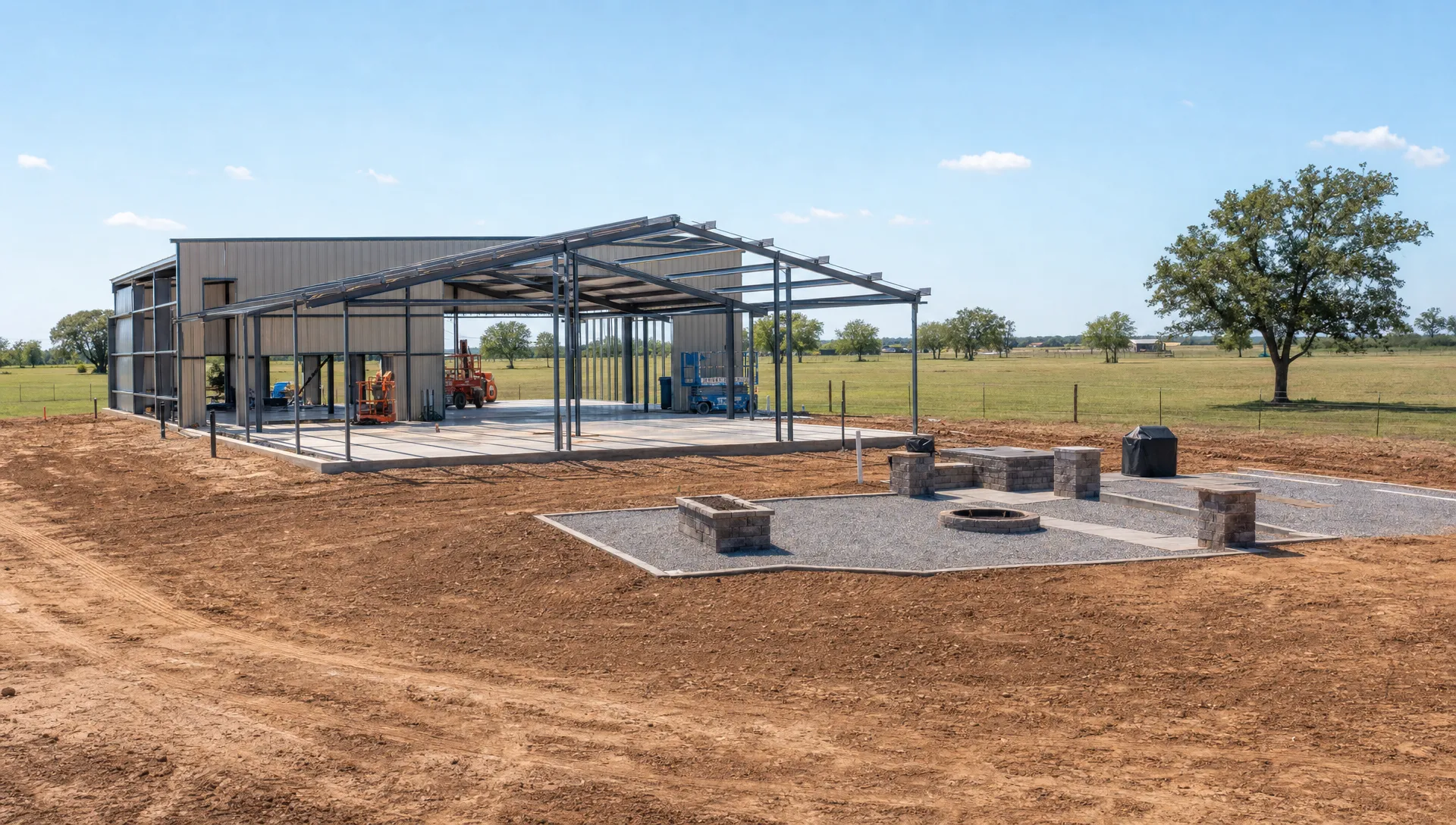 A rural Oklahoma property with a custom metal building under construction, shown from a wider angle with the framed structure, prepared foundation, open acreage, and a future outdoor living area laid out beside the build.