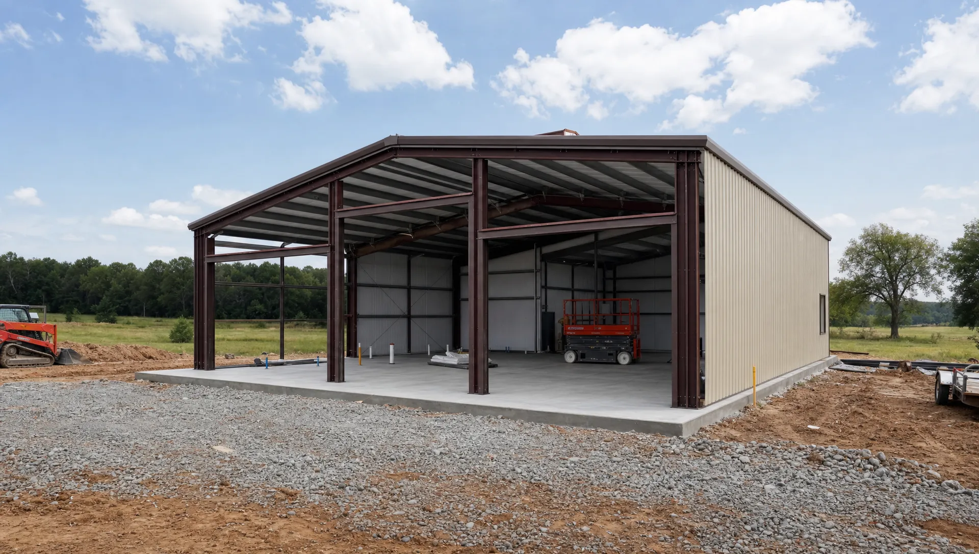 A rural Oklahoma property with a custom metal shop building under construction, showing a prepared foundation, steel framing, open overhead door bays and surrounding acreage with trees in the distance.
