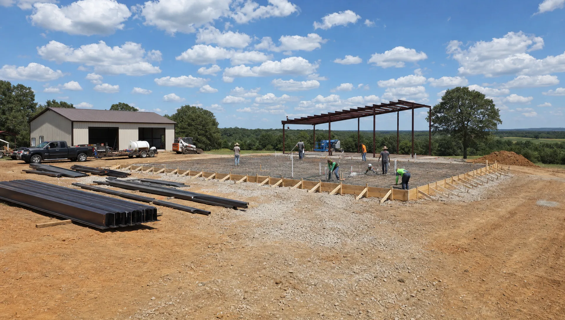 A rural Oklahoma property with a custom metal shop building under construction, showing foundation forms, steel framing materials, and coordinated crews preparing the site for the next construction phase.