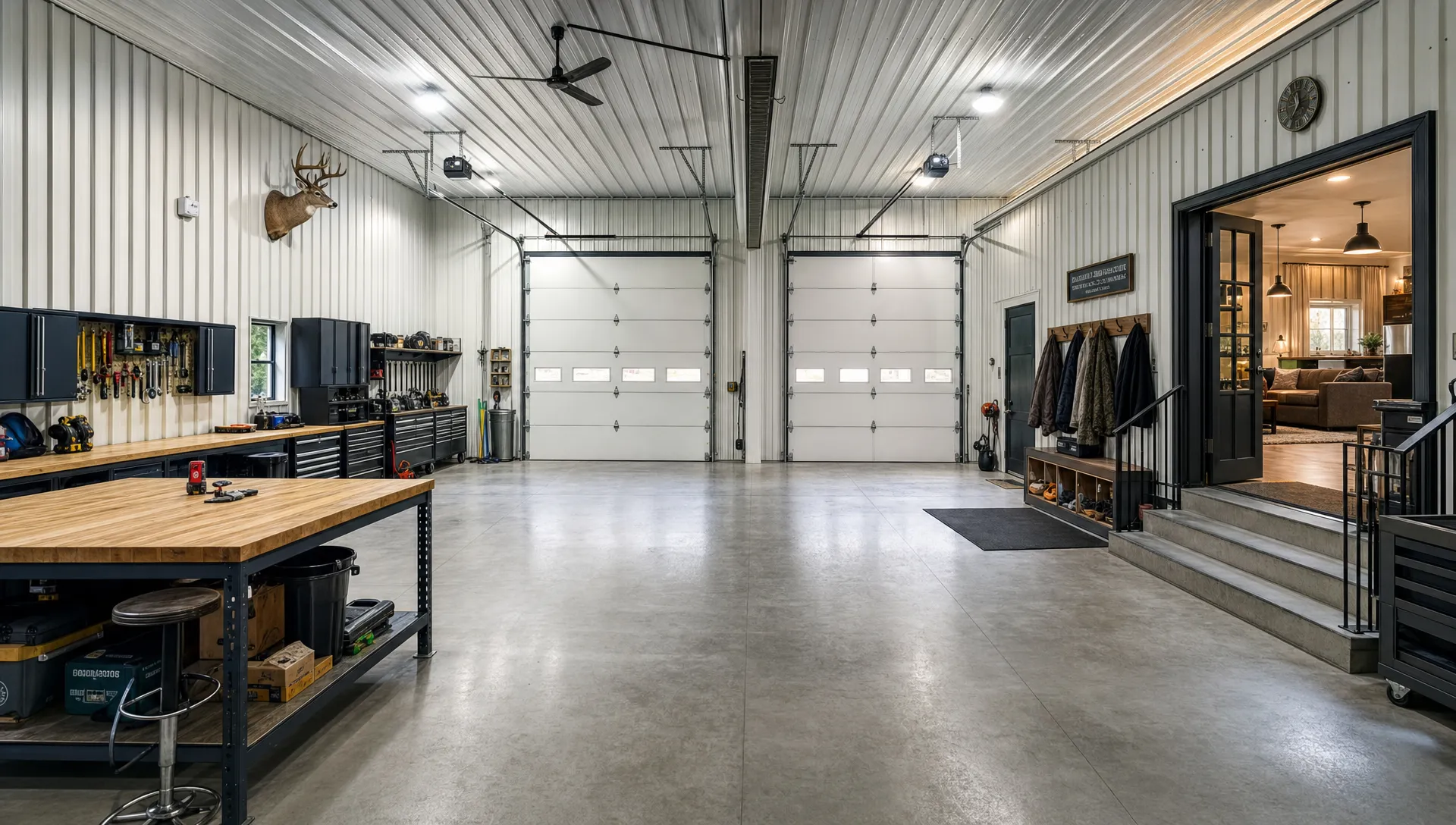 A spacious barndominium shop interior with organized workbenches, tall overhead doors facing the camera, tool storage along the walls, a clean mudroom entry leading toward the living area, and clear floor space for vehicles and equipment.