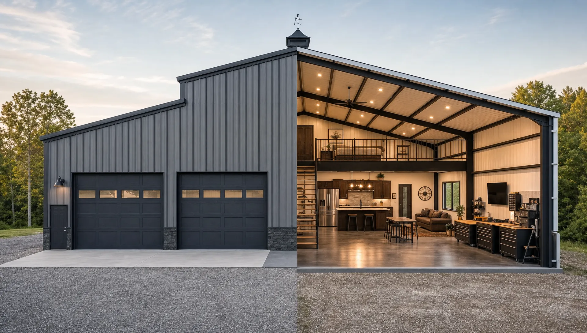 A split-view metal building project showing one side as an enclosed shell with steel panels and overhead doors, and the other side as a finished barndominium-style interior with completed living and workspace details.