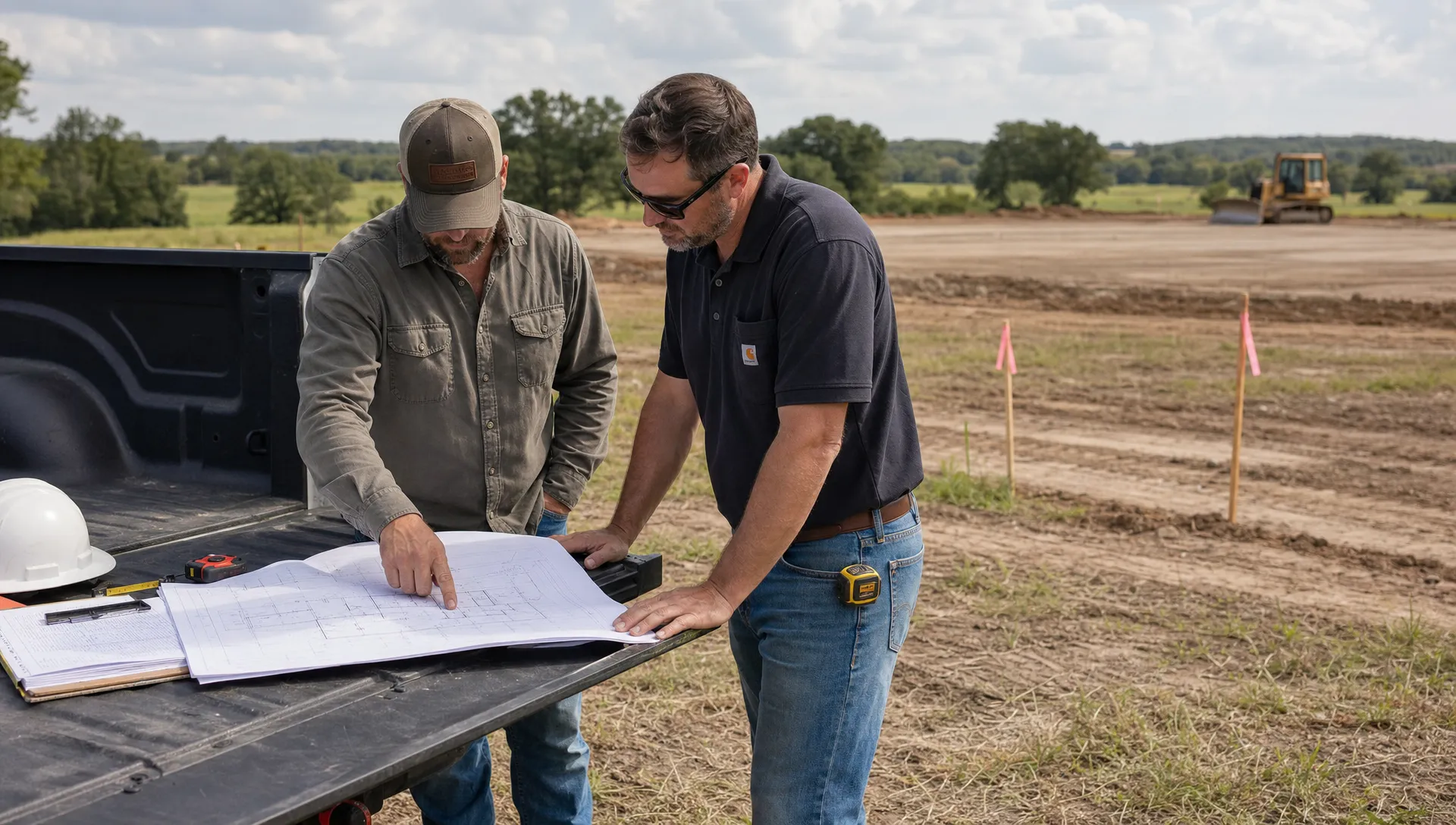 A Tulsa-area landowner and general contractor review printed building plans beside a truck tailgate at a rural jobsite, with survey stakes, a prepared building pad, and open acreage in the background.