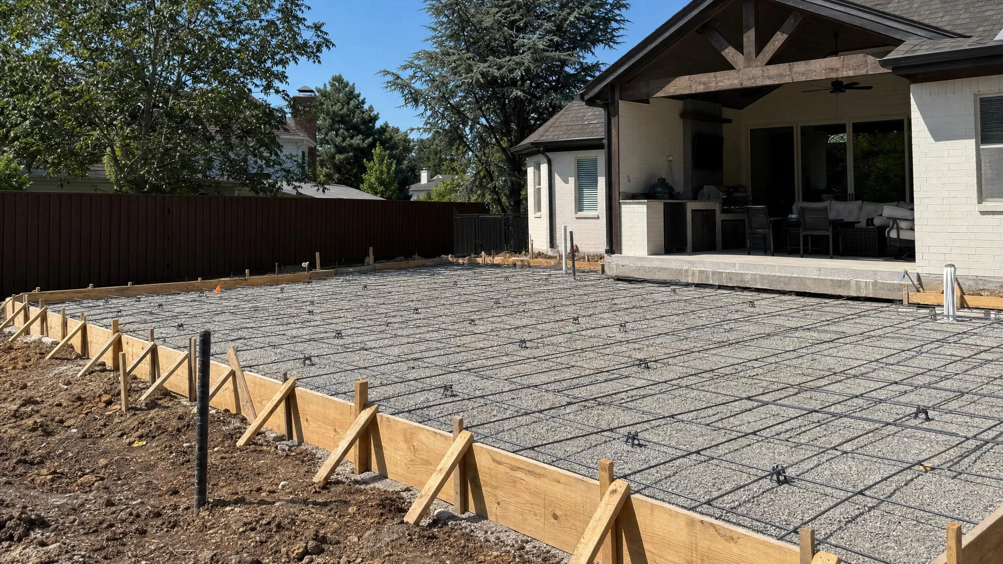 A Tulsa residential construction site with wooden concrete forms, compacted gravel base, and rebar prepared for a new slab beside a home and outdoor living area.